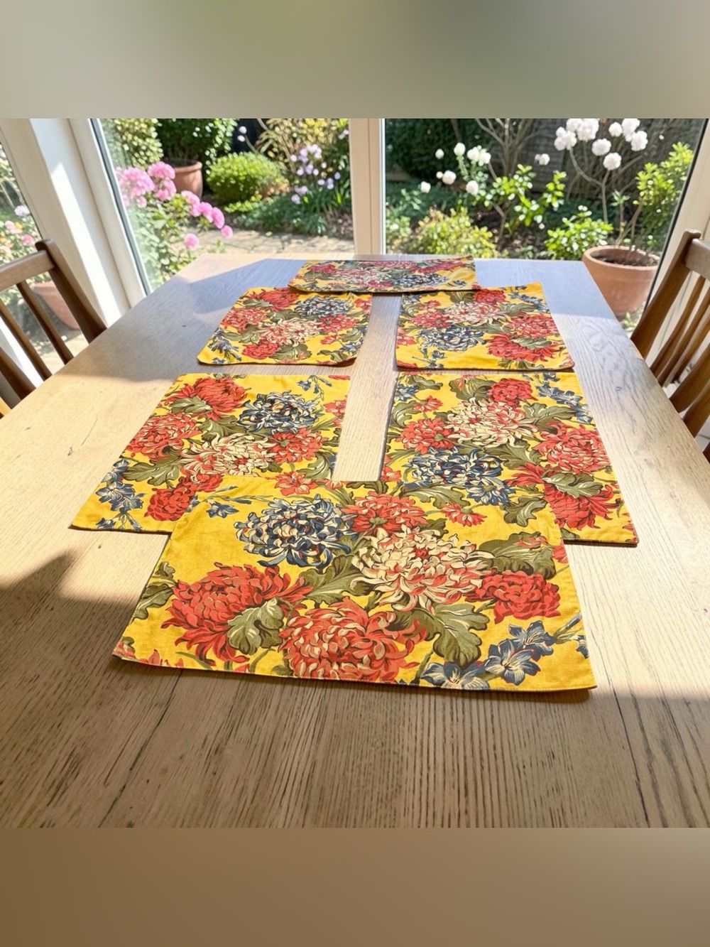 6 Pottery Barn Floral Mums Linen Cotton Placemats French Country Yellow Pink